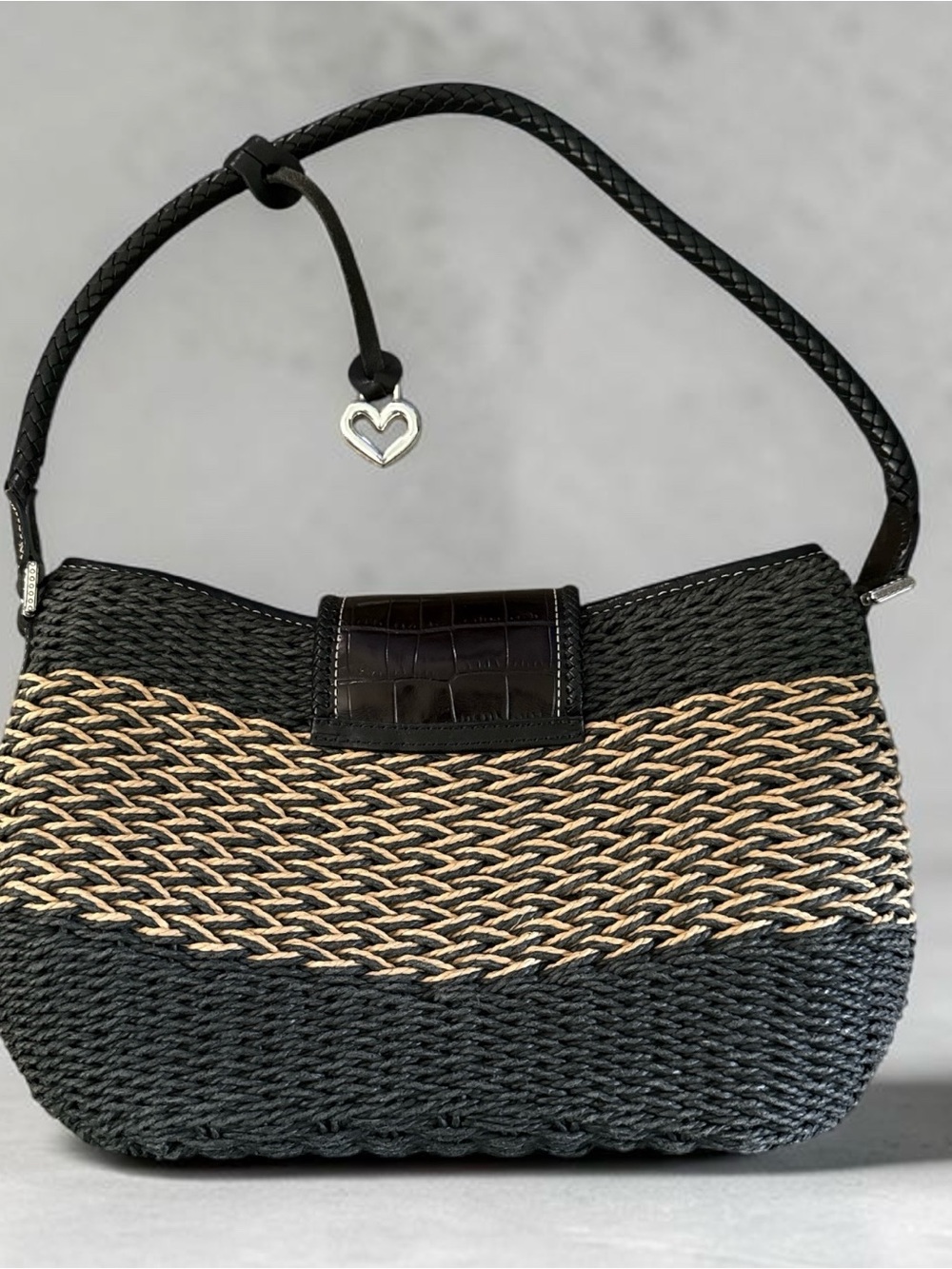 Brighton Woven Shoulder Bag with Heart Accent - Black  Excellent condition - Picture 2 of 6